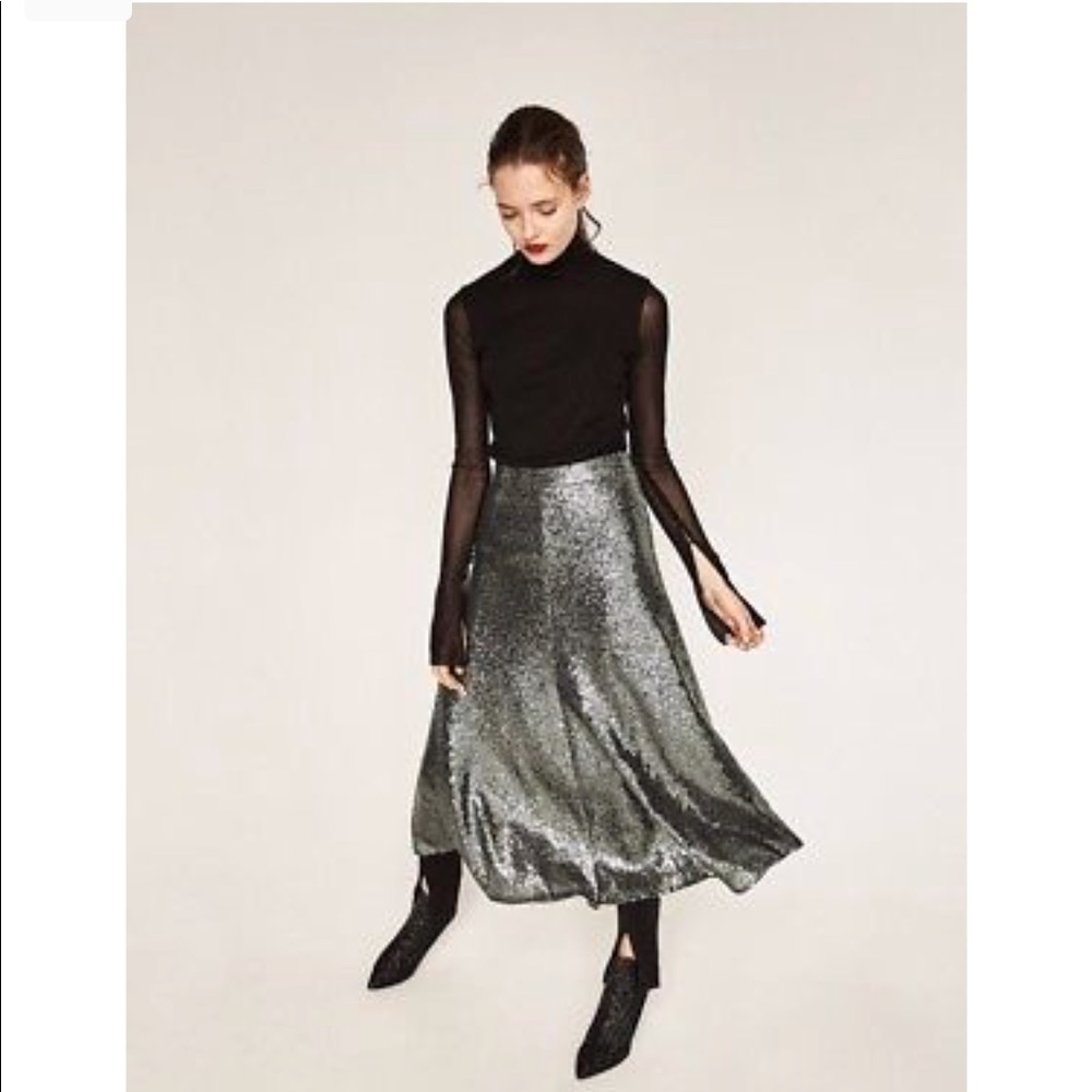NWT ZARA GRAY SEQUINED MIDI SKIRT - Picture 5 of 8